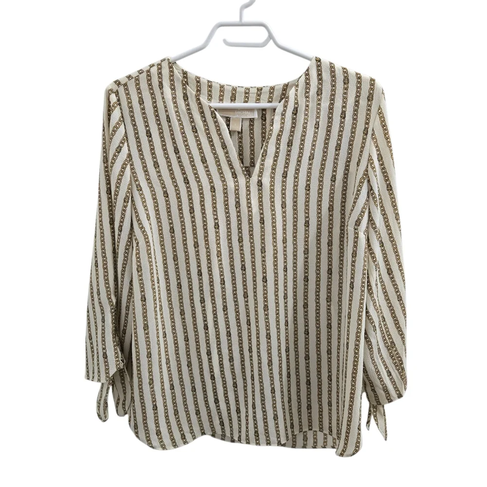 MICHAEL Michael Kors Chain Striped Cream & Gold 3/4 Tie Sleeve Blouse Size L - Picture 1 of 11